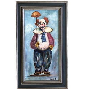 Clown with Tiny Umbrella Painting Shirley Horvath Signed Art Michigan 1980s - Picture 1 of 8