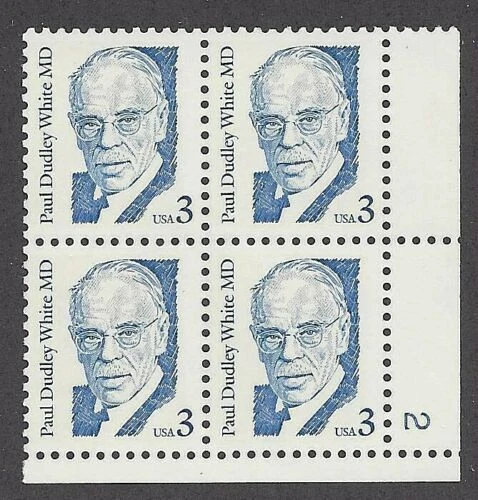 1986 Paul Dudley White Plate Block of 4 3c Postage Stamps, Sc# 2170, MNH, OG - Image 1 of 1