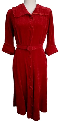 Vintage Crushed Velvet Dress Handmade M 8 Red 3/4 Sleeve Belt Gothic Vamp Party - Image 1 of 4