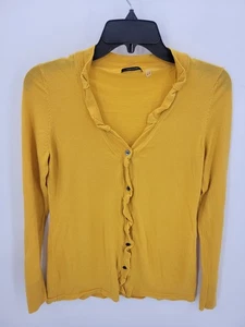 Elie Tahari Cardigan Sweater Womens Medium Yellow Ruffled Button Up Merino Wool - Picture 1 of 9