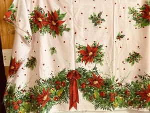 VTG Christmas Tablecloth Fabric Beautiful Poinsettias Bow on Lt Pink 2.3Y x72"W - Picture 1 of 5