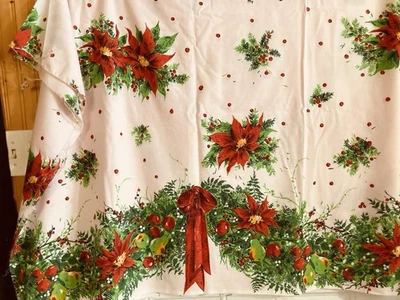 VTG Christmas Tablecloth Fabric Beautiful Poinsettias Bow on Lt Pink 2.3Y x72"W - Image 1 of 4