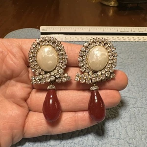 Vintage Chanel Gripoix Red Glass Drop Faux Pearl Rhinestone Earrings - Picture 1 of 18