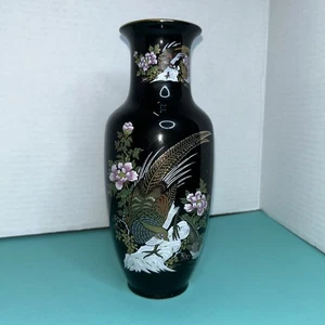 Japanese Fine China Black Vase with Peacock & Flowers Gold Trim 11” Tall - Picture 1 of 7
