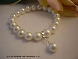 Armband aus MuschelkernPerlen 10mm / 21cm Weiß, 925er Silber Zum Einhängen - Bild 1 von 1