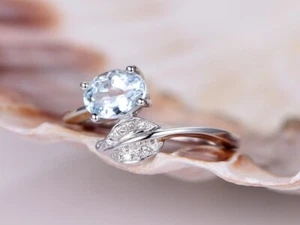 Oval Cut Simulated Aquamarine Leaf Engagement Band Ring In 14k White Gold Plated - Picture 1 of 4
