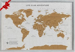 Splosh Travel Map - Desk World Map Pin Board in Grey, Wooden Frame. World Map - Foto 1 di 6