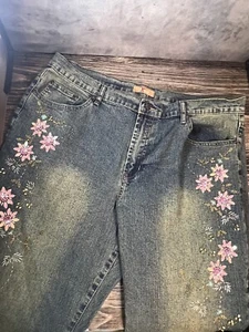 90s Y2K DFX Jeans Sequin Floral Flare Low Rise Jeans Size 18 Cowgirl Glam - Picture 1 of 14