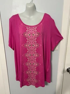 Neu mit Etikett JM Collection Top Petunienrosa Blumen & Paisley Kurzarm Übergröße 2X - Bild 1 von 3