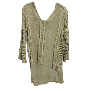 Pol Women's Sweater Hooded Long Boho  Lagenlook Tan Sleeve High Low Open Knit M - Picture 1 of 6