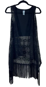 M Fasis Cover Up Weste Cardigan Bluse Netz Fransen Gr. S schwarz - Bild 1 von 10