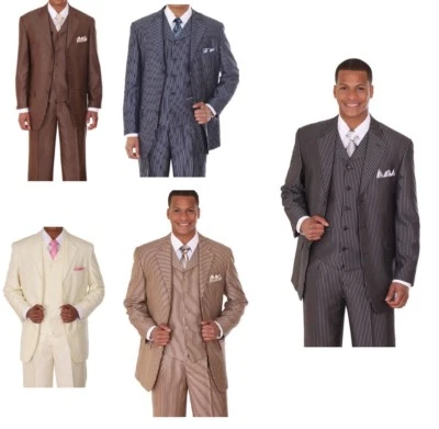 Men's Three Button Pin-Striped Fashion Suit w/ Matching Vest 5802V5 Cream - Image 1 of 2