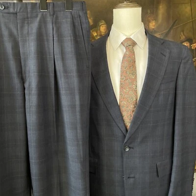VTG Austin Reed BASKIN 40L 36 x 32 2Pc USA MADE Wool Dark Blue Check 2Btn Suit - Image 1 of 4