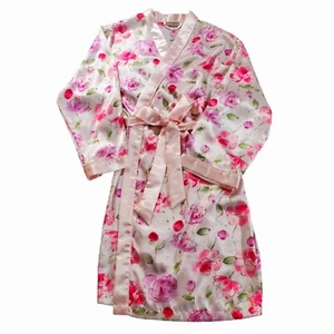 Vintage rosa Blumen Satin Morgenmantel Damen Kimono Lounge Wickelgürtel Nachtwäsche Größe Large - Bild 1 von 7