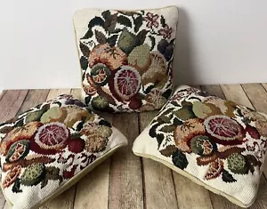 Juego de 3 almohadas de punta de aguja de diseño de frutas vintage 100 % lana con respaldo de terciopelo - Imagen 1 de 6