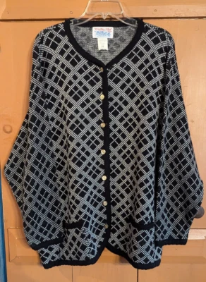 VTG TALLY HO Cardigan Womens 3X Black Gray Knit Sweater Button Front - Image 1 of 4