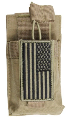 TACTICAL POUCHES TAN MOLLE Radio Pouch + USA FLAG Patch For BAOFENG BTECH YAESU ICOM MOTOROLA