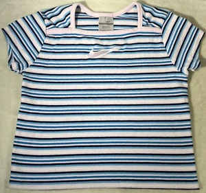 Nike Striped Girl’s Kids Size 6 Medium T-Shirt Pink White & Blue - Picture 1 of 13