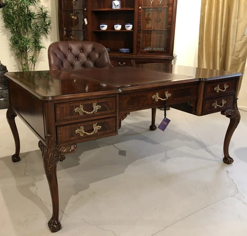 Mahogany Ball and Claw Executive Partners Desk with brown leather top Cover