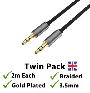 2 X Aux Cable 3.5mm Jack Audio Cable Male to Male BRAIDED Aux Car Stereo Lead 2m - Picture 1 of 5