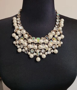 JCrew Statement Necklace & Bracelet Iridescent & Clear Rhinestone & Faux Pearls - Picture 1 of 22
