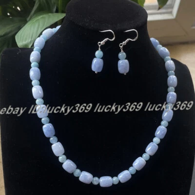 Pendientes Gancho Gemas Aguamarina Azul Cilindro 6mm Redondos/9x11mm + Collar 18"-36" Foto 1 de 4