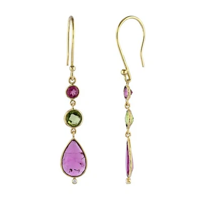 14K Solid Gold Genuine Pink Tourmaline Peridot Diamond Dangle Drop Earrings - image 1 of 4