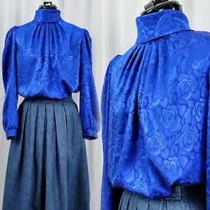 Blusa Vintage Collezione Ellen D Blu su Blu Rosa Stampa Floreale Taglia L - Foto 1 di 21