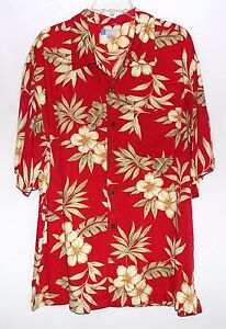 Half Moon Bay Hawaiian Red with Beige Hibiscus Flowers Rayon Mens Shirt Size L