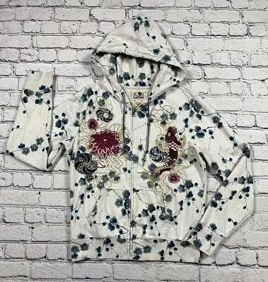 VTG Lucky Brand Hoodie Women’s L Ivory Floral Embroidered Flower & Koi Fish Y2K - Image 1 of 4