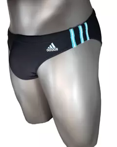 VERY RARE ADIDAS 3 Stripes Swim Brief Black WIth Blue And White Stripes Size 30 - Picture 1 of 7