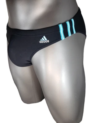 VERY RARE ADIDAS 3 Stripes Swim Brief Black WIth Blue And White Stripes Size 32 - Image 1 of 4