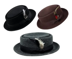 Cappello Fedora Stile Heisenberg Porkpie Pork Pie con Piuma 100% Lana - Foto 1 di 6