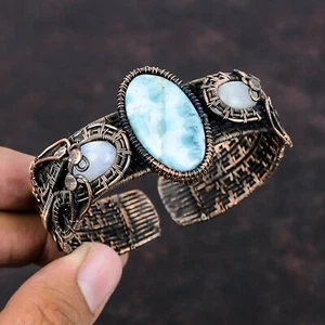 Women Day Sale Larimar Jewelry Copper Mom Gift Wire Wrapped Adjustable Bangle - Picture 1 of 7