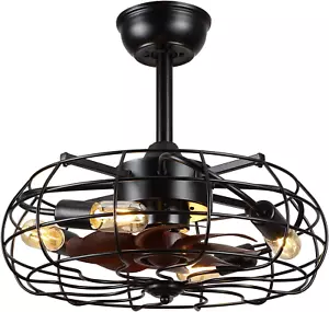 Caged Ceiling Fans with Lights - Black Outdoor Ceiling Fan with Remote and Rever - Picture 1 of 9
