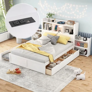 Full Size Storage Platform Bed with Pull Out Shelves, Twin Size Trundle and 2 Dr - Picture 1 of 12
