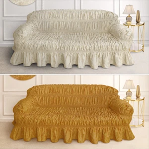 Luxury Pleated Sofa Protector Cover Frilled Jacquard Sofa Throw Cream Gold - Picture 1 of 3