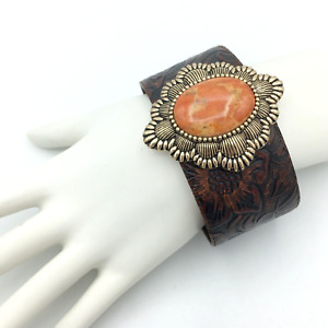 BARSE orange sponge coral brass & brown embossed leather cuff bracelet - 2" wide