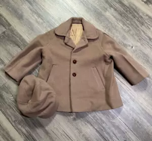 VTG 50s 60s Toddler Wool Coat and Cap Size 3/4 Overcoat Prop Classic Brown READ - Picture 1 of 13