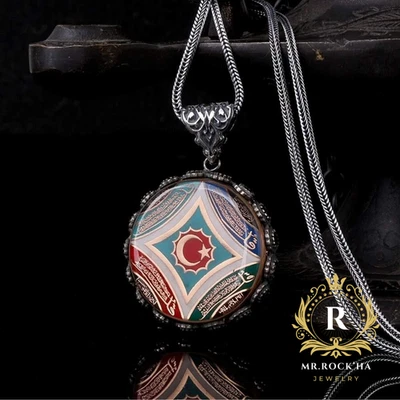 Motivo bandera turca, grabado en oración, circón negro, collar de plata 925 K para hombre Foto 1 de 4