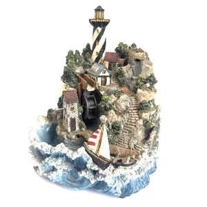 Miniature Lighthouse Village Water Fountain Music Box Watermill Bridge Sailboat - Picture 1 of 8