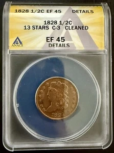 1828 Classic Head Half Cent *13 STARS* C-3 1/2c ANACS EF 45 Cleaned - Picture 1 of 2