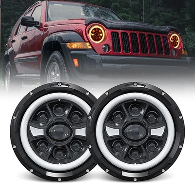 For Jeep Scrambler 1981-1985 7" Inch Round LED Headlights White Halo Angle Eyes - Image 1 of 4
