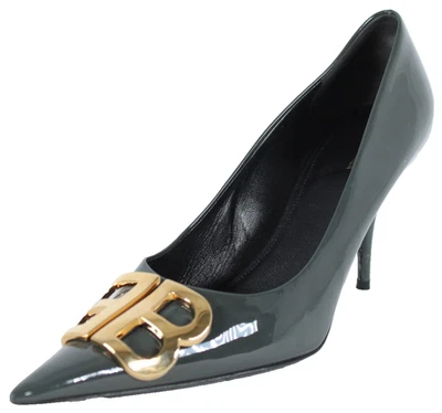 BALENCIAGA Graphite Gray Patent BB KNIFE Gold Logo Pointed Toe Heels Pumps 40 - Image 1 of 4