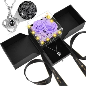 Collar de proyección Preserved Real Light Purple Roses & I Love You 100 idiomas... - Imagen 1 de 7