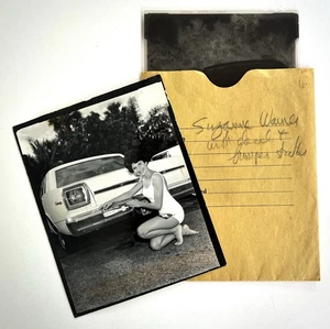 Vintage B/W PHOTO & NEGATIVE Woman Putting Red Sox Sticker on 1965 Ford Bumper - Picture 1 of 3