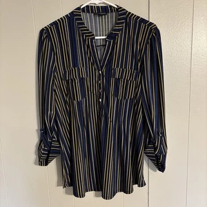 Ava & Grace Womens Medium Tunic Blue Black Beige Roll Tab 3/4 Sleeve 1/2 Button - Picture 1 of 10