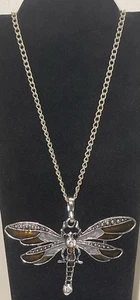 Brown & Grey Dragonfly Silver Tone Rhinestone Pendant Necklace GAR4-12 - Picture 1 of 13
