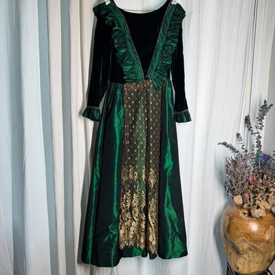 Vintage 1970s Renaissance Green Velvet Taffeta Victorian Maxi Dress Talon XS/S - Image 1 of 4