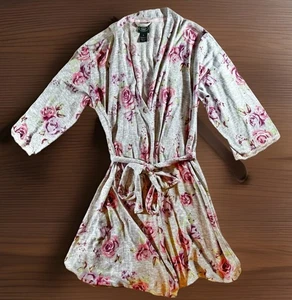 LAURA ASHLEY Robe Womens Large Gray Purple Floral Lightweight Knit Short Belted - Picture 1 of 7